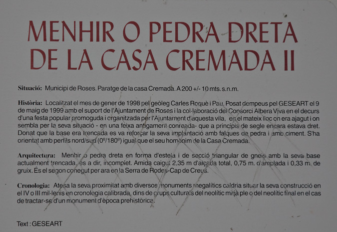 Cartell: Menhir o Pedra Dreta de la Casa Cremada II 1de4